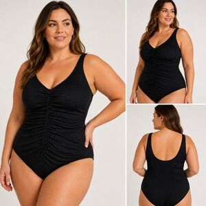 Maxine of Hollywood One Piece Swimsuit Womens 14 Black Ruched Textured Honeycomb